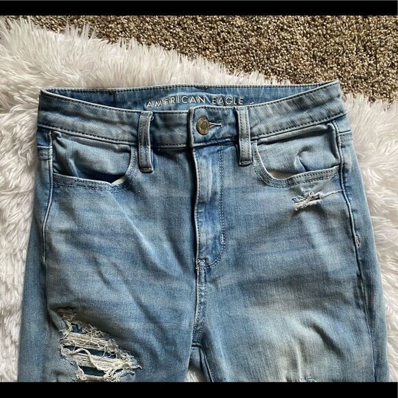 American Eagle Jeans 360 Stretch Super Hi Rise Jeggings Distressed Raw Ankle 2 - Picture 4 of 12